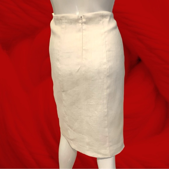 INSIGHT WHITE LINEN PENCIL SKIRT BRONZE BUTTON & CHIFFON ACCENTS WOMEN’S SIZE 8. - Picture 3 of 10